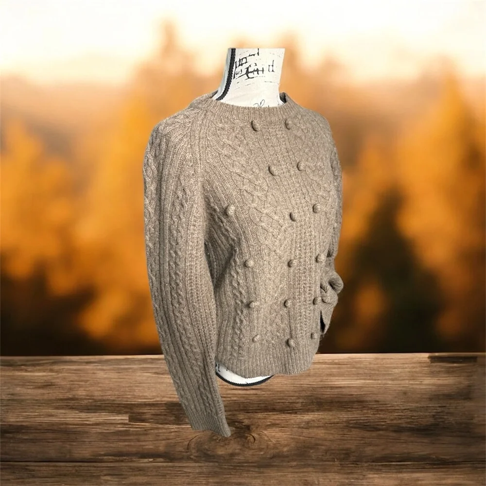 J.Crew NWT Lambswool Cable Knit Sweater  L Brown Chunky Pom Pom Cozy Layer